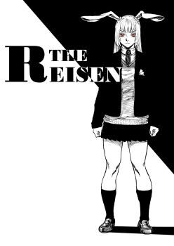 Rule 34 | 1girl, absurdres, alternate costume, animal ears, cardigan, clenched hands, closed mouth, collared shirt, commentary request, expressionless, full body, greyscale, highres, jacket, loafers, long hair, long sleeves, looking at viewer, miniskirt, monochrome, necktie, pocket square, rabbit ears, rabbit girl, red eyes, reisen udongein inaba, sendai (nazonomono), shadow, shirt, shoes, skirt, solo, spot color, standing, the reisen, touhou