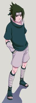 1boy arm_warmers black_eyes blue_headband commentary forehead_protector full_body green_hair grey_shorts hands_in_pockets headband highres konohagakure_symbol light_frown male_focus naruto_(classic) naruto_(series) open-toe_shoes serious shorts skyfiss solo uchiha_sasuke