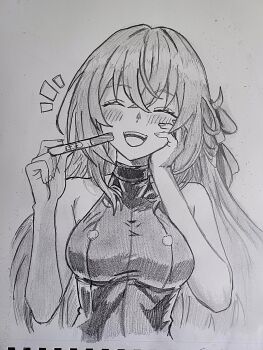 1girl absurdres artist_request bare_shoulders breasts commentary crossed_bangs double-parted_bangs eiyuu_densetsu english_commentary graphite_(medium) greyscale hair_between_eyes highres holding holding_pregnancy_test implied_pregnancy kuro_no_kiseki_(series) kuro_no_kiseki_i large_breasts monochrome open_mouth pregnancy_test shizuna_rem_misurugi sketch sleeveless smile solo traditional_media upper_body