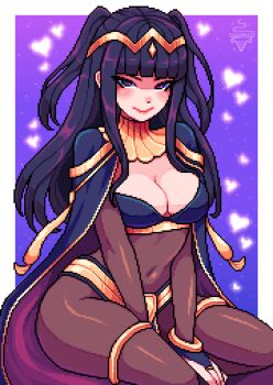 1girl absurdres artist_name aseprite_(medium) blush bodystocking border breasts bridal_gauntlets cleavage commentary covered_navel english_commentary fire_emblem heart highres large_breasts long_hair looking_at_viewer nintendo outside_border pixel_art purple_background purple_eyes purple_hair sitting smile solo tharja_(fire_emblem) two-tone_cape white_border yumykon