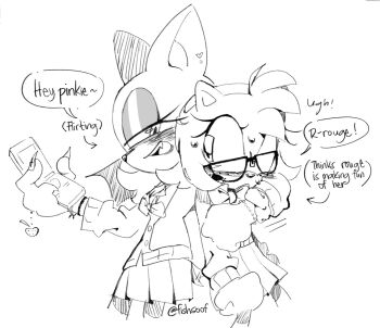 2girls amy_rose animal_ears animal_nose arm_around_shoulder arrow_(symbol) bat_ears bat_girl bat_wings bow bowtie cellphone claws commentary english_commentary english_text fishsoof flip_phone flirting furry furry_female glasses gloves half-closed_eyes hedgehog_girl highres holding holding_phone jacket lineart multiple_girls open_mouth phone pleated_skirt rouge_the_bat school_uniform signature skirt smile sonic_(series) sweat wings yuri