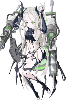 1girl absurdres arfm barefoot black_horns black_liquid black_nails breasts fang forehead full_body goddess_of_victory:_nikke green_eyes grey_hair highres horns leviathan_(nikke) liquid_clothes long_hair looking_at_viewer navel open_mouth pointy_ears pubic_tattoo simple_background small_breasts tattoo thick_thighs thighs white_background