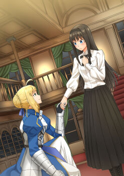 2022 absurdres ahoge armor armored_boots artoria_pendragon_(fate) black_hair blonde_hair blue_eyes blush boots bow bowing commission crossover curtains embarrassed fate/grand_order fate/stay_night fate_(series) green_eyes hair_bun highres long_hair mansion ribbon rug saber_(fate) skirt smile stairs tohno_akiha tsukihime type-moon window yu_enmi_(artist)