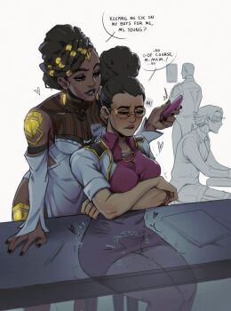 2boys 2girls absurdres arcane:_league_of_legends arcane_jayce armor black_nails breasts brown_hair chair closed_mouth collarbone crossed_arms dark-skinned_female dark_skin dreadlocks dress earrings english_text freckles glasses goggles grey_dress half-closed_eyes heart highres jayce_(league_of_legends) jewelry large_breasts league_of_legends long_sleeves medium_breasts mel_(league_of_legends) multiple_boys multiple_girls nail_polish paper proxysart remote_control_vibrator sex_toy shiny_skin short_sleeves shoulder_armor sitting sky_young speech_bubble standing vest vibrator viktor_(arcane) viktor_(league_of_legends) yuri