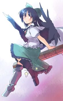 1girl armored_boots black_hair black_shoes black_socks black_wings blush boots bow cape commentary_request control_rod_(touhou) feathered_wings frilled_skirt frills from_side full_body green_bow green_skirt hair_bow long_hair looking_back one-hour_drawing_challenge parted_lips puffy_short_sleeves puffy_sleeves rangycrow red_eyes reiuji_utsuho shirt shoes short_sleeves sideways_glance skirt socks solo third_eye_on_chest touhou white_background white_cape white_shirt wings