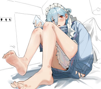 1boy apron bare_legs barefoot blue_hair blue_jacket blush cellphone commentary_request convenient_censoring crossdressing crossdressing_(mtf) feet fill_(fill_lemonn) foreshortening frilled_apron frills full_body hair_between_eyes highres holding holding_phone indoors jacket jersey_maid knees_up leg_focus legs long_sleeves maid maid_apron maid_headdress male_focus on_bed open_mouth orange_eyes original phone simple_background sitting sleeves_past_wrists smartphone soles solo toes trap unconventional_maid white_apron
