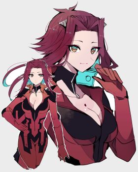 Rule 34 | 1girl, absurdres, biker clothes, bikesuit, bodysuit, breasts, brown eyes, cleavage, closed mouth, gloves, helmet, highres, holding, holding unworn helmet, izayoi aki, looking at viewer, multiple views, red bodysuit, red gloves, red hair, smile, teketeke (tasutekete), unworn headwear, unworn helmet, white background, yu-gi-oh!, yu-gi-oh! 5d's
