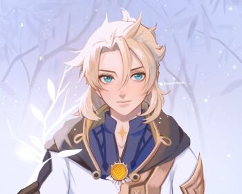 1boy albedo_(genshin_impact) bare_tree black_cape blonde_hair blush cape closed_mouth collared_shirt commentary english_commentary genshin_impact hair_between_eyes highres kookirani male_focus outdoors shirt short_hair smile solo straight-on tree upper_body white_shirt