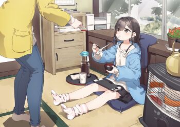1boy 1girl black_eyes black_hair black_shorts blue_eyes blue_pants chopsticks commentary_request cup denim eating flower food handheld_game_console highres holding holding_chopsticks indoors jacket jeans looking_at_another mochi nintendo_switch original pants shirt short_hair shorts sitting socks white_shirt white_socks window yellow_jacket yukie_(kusaka_shi)