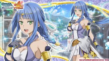 1girl :d arched_bangs armlet artemis_(danmachi) bare_shoulders blue_dress blue_hair bracer braid breasts circlet cleavage cleavage_cutout clothing_cutout criss-cross_halter danmachi_memoria_freese dress dungeon_ni_deai_wo_motomeru_no_wa_machigatteiru_darou_ka gloves gold_bracer gold_circlet green_eyes grey_gloves hair_ribbon hair_tubes halter_dress halterneck hand_on_own_chest jewelry long_hair long_sidelocks looking_at_viewer low-braided_long_hair low-tied_long_hair medium_breasts metal_hair_tubes official_art open_mouth ribbon road second-party_source short_dress sidelocks sleeveless sleeveless_dress smile solo standing street two-tone_dress water_drop white_dress white_ribbon