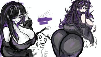 absurdres ass breasts commentary curvy english_commentary glasses goddess_of_victory:_nikke highres holding huge_ass huge_breasts label_(nikke) luzennon messy_hair multicolored_hair sketch streaked_hair stuffed_toy sweat