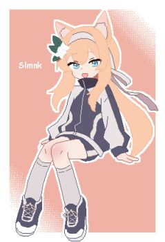 1girl :d absurdres animal_ear_fluff animal_ears blue_archive blue_eyes blue_jacket blue_shoes border cat_ears cat_girl double-parted_bangs flower full_body grey_socks hair_flower hair_ornament hairband hashtag-only_commentary highres invisible_chair jacket long_hair looking_at_viewer mari_(blue_archive) mari_(track)_(blue_archive) no_halo official_alternate_costume open_mouth orange_hair outline outside_border pink_background pixel_art shoes sitting slmnk10124 smile socks solo track_jacket white_border white_hairband white_outline