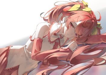 1girl absurdres bare_shoulders cherry_hair_ornament collared_shirt commentary detached_sleeves food-themed_hair_ornament hair_ornament hatsune_miku highres long_hair long_sleeves lying miku_rasha necktie on_side parted_lips pink_hair pink_necktie pink_skirt pink_sleeves red_eyes sakura_miku shirt skirt sleeveless sleeveless_shirt solo twintails upper_body vocaloid white_background white_shirt