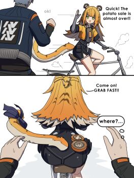 1boy 1girl 2koma absurdres animal_ears ass bicycle blonde_hair comic dorahdew english_text fingerless_gloves gloves green_eyes grey_hair highres jacket ju_fufu loli long_hair multicolored_hair necktie open_mouth orange_hair riding riding_bicycle shirt shorts sitting smile tail tail_ornament tiger_ears tiger_girl tiger_tail virtual_youtuber white_background wise_(zenless_zone_zero) zenless_zone_zero