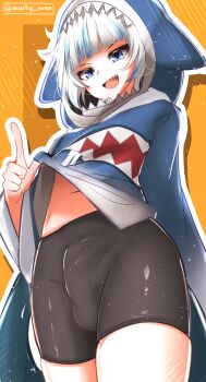 1boy absurdres black_shorts blue_eyes blue_hair blue_hoodie bulge clothes_lift fins fish_tail gawr_gura genderswap genderswap_(ftm) highres hololive hololive_english hood hood_up hoodie long_sleeves male_focus marky_evan multicolored_hair open_clothes open_mouth open_shirt shark_boy shark_tail sharp_teeth shirt_lift shorts solo streaked_hair tail teeth tongue trap virtual_youtuber white_hair