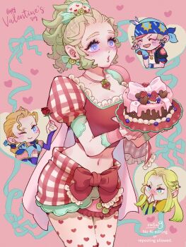 Rule 34 | 2boys, 2girls, aqua ribbon, artist name, black jacket, blonde hair, blue coat, blue eyes, blush, breasts, cake, cape, celes chere, chibi, chibi inset, choker, closed eyes, closed mouth, coat, commentary request, covering own mouth, cowboy shot, crop top, eakanasu, edgar roni figaro, final fantasy, final fantasy vi, fingerless gloves, flower, food, gloves, gold trim, green hair, grey hair, hair bobbles, hair ornament, hand on own cheek, hand on own face, happy valentine, heart, heart choker, heart print, highres, holding, holding cake, holding flower, holding food, jacket, juliet sleeves, locke cole, long hair, long sleeves, low ponytail, medium breasts, midriff, miniskirt, multiple boys, multiple girls, navel, one eye closed, open mouth, own hands together, pantyhose, parted bangs, parted lips, pink background, pink cape, plaid clothes, plaid skirt, plaid sleeves, ponytail, print pantyhose, puffy short sleeves, puffy sleeves, purple eyes, red flower, red rose, red shirt, ribbon, rose, shirt, short hair, short sleeves, sidelocks, skirt, smile, tina branford, yellow sleeves