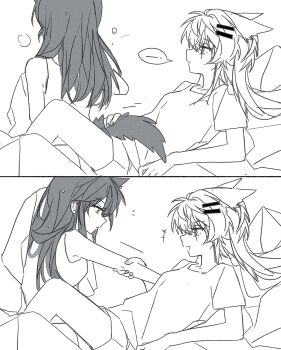 2girls animal_ears arknights greyscale hair_ornament hairclip highres holding_another's_tail holding_another's_wrist lappland_(arknights) long_hair monochrome multiple_girls open_mouth parted_lips scar scar_across_eye scar_on_face seri_(vyrlw) shirt shorts smile tail tank_top texas_(arknights) wet wet_hair wolf_ears yuri