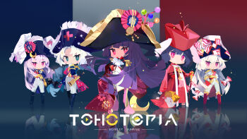 Rule 34 | 1girl, 5girls, :<, absurdres, adapted costume, alternate costume, alternate headwear, animal ears, ascot, bicorne, black background, black boots, black hair, blue boots, blue coat, blue hat, blue jacket, blush, boots, bow, braid, branch, cane, closed mouth, coat, constellation print, copyright name, crescent, crescent hat ornament, cross, cross print, epaulettes, fringe trim, fujiwara no mokou, full body, gloves, green eyes, grey bow, grey hair, grey pants, grin, hair between eyes, hair bow, hand on own hip, hat, hat ornament, highres, holding, holding cane, houraisan kaguya, inaba tewi, jacket, jeweled branch of hourai, knee boots, long hair, long sleeves, looking at viewer, medal, medium hair, military uniform, multicolored coat, multiple girls, multiple hair bows, official art, open clothes, open coat, open mouth, pants, petal print, pink eyes, print hat, purple hair, rabbit, rabbit ears, rabbit girl, red boots, red coat, red cross, red gloves, red hat, reflective floor, reisen udongein inaba, shirt, single braid, smile, sparkle, spyglass, tohotopia, touhou, two-tone coat, very long hair, wanzilala16, white ascot, white gloves, white jacket, white pants, white shirt, yagokoro eirin