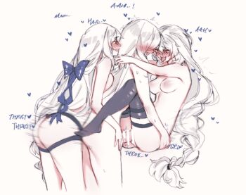 Rule 34 | 3girls, arknights, assertive female, bar censor, black thighhighs, blue bow, bow, breasts, censored, commentary, dildo, dual persona, english commentary, ffd threesome, futa with female, futanari, girl sandwich, group sex, hair bow, large breasts, mixed-language commentary, multiple girls, nipples, no shoes, orz (kagewaka), penetration while penetrated, penis, sandwiched, sex, sex from behind, sex toy, sharp teeth, simple background, skadi (arknights), specter (arknights), strap-on, teeth, thighhighs, threesome, white background