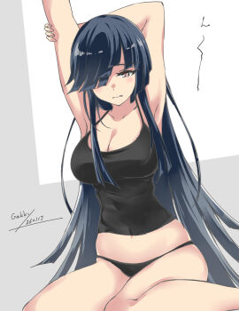 1girl artist_name black_camisole black_hair black_panties breasts camisole cleavage commentary_request dated gakky hair_over_one_eye hayashimo_(kancolle) highres kantai_collection large_breasts long_hair one-hour_drawing_challenge panties sitting solo stretching underwear wariza yellow_eyes