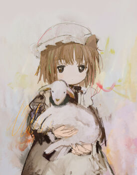 1girl animal apron baby_animal brown_hair ciel_(paradis47) closed_mouth dress hat highres holding holding_animal lamb looking_at_viewer mob_cap original sheep short_hair solo upper_body white_hat