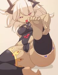 1girl animated arm_support ascot ass beige_background black_leotard black_thighhighs breasts cleavage cleft_of_venus closed_mouth dark-skinned_female dark_skin fat_mons feet feet_up female_focus hair_ornament half-closed_eyes holding_leg horns huge_ass jiggle large_breasts leaning_back leg_up leotard long_eyelashes long_hair looking_at_viewer lowres mesugaki on_floor original plump pointy_ears red_eyes shortstack simple_background sitting sleeveless smile smug soles solo tacchon thick_thighs thighhighs thighs toe_scrunch tongue tongue_out video white_hair wide_hips