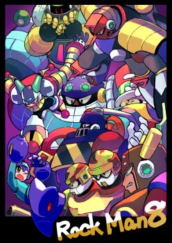1278mkyp 6+boys aqua_man_(mega_man) arm_cannon astro_man blue_eyes clenched_teeth clown clown_boy clown_man commentary_request english_text everyone frost_man full_body grenade_man helmet highres jester jester_boy male_focus mega_man_(character) mega_man_(classic) mega_man_(series) mega_man_8 multiple_boys multiple_heads no_mouth one_eye_closed red_eyes search_man sword_man teeth tengu_man upper_body weapon