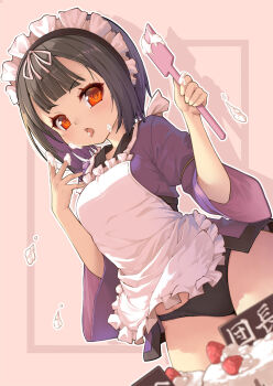 1girl apron batter black_hair black_panties blush bob_cut bottomless breasts cake cake_batter center-flap_bangs commentary cowboy_shot cream cream_on_face cream_on_hands double-parted_bangs drop_shadow dutch_angle flower_knight_girl food food_on_face frilled_apron frills hagi_(flower_knight_girl) highres holding holding_spatula japanese_clothes kimono kintarou_(kintarou's_room) maid maid_apron maid_headdress open_mouth panties purple_kimono red_eyes short_hair short_kimono sleeves_rolled_up small_breasts solo spatula suggestive_fluid tasuki thick_thighs thighs underwear v-shaped_eyebrows wa_maid whipped_cream white_apron wide_sleeves