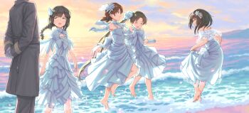 1boy 4girls :d absurdly_long_hair adapted_costume admiral_(kancolle) alternate_costume arms_behind_back ayanami_(kancolle) barefoot beach black_coat black_hair black_pants blue_eyes blush borrowed_clothes braid breasts brown_hair cleavage_cutout closed_eyes clothing_cutout cloud coat collared_dress commentary_request dress elbow_gloves flower frilled_dress frilled_shirt_collar frills fubuki_(anniversary)_(kancolle) fubuki_(kancolle) full_body gloves green_eyes hair_between_eyes hair_down hair_flower hair_ornament hayashi_naoharu highres isonami_(kancolle) kantai_collection long_hair low_twin_braids low_twintails medium_hair multiple_girls ocean official_alternate_costume official_alternate_hairstyle open_mouth orange_sky outdoors pants parted_bangs shirayuki_(kancolle) shoulder_cutout side_ponytail sidelocks sky sleeveless sleeveless_dress small_breasts smile snowflake_hair_ornament standing strapless strapless_dress sunset twin_braids twintails very_long_hair wading water wedding_dress white_dress white_flower white_gloves wing_hair_ornament yellow_eyes