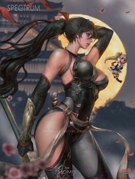 2girls architecture arm_guards arm_up bare_shoulders black_boots black_hair black_suit blonde_hair boots breasts cherry_blossoms cleavage clothing_cutout dead_or_alive east_asian_architecture fingerless_gloves formal_clothes full_moon gloves grabbing_own_hair high_ponytail highres hip_vent holding holding_own_hair holding_polearm holding_weapon kunai large_breasts leotard long_hair long_sleeves maid marie_rose momiji_(ninja_gaiden) moon multiple_girls ninja ninja_gaiden official_alternate_costume parted_lips patreon_username polearm ponytail suit teeth thick_thighs thighs twintails unconventional_maid very_long_hair weapon yam_spectrum