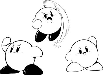 Rule 34 | hand up, kirby, kirby (series), looking at viewer, monochrome, motion lines, multiple views, nintendo, no humans, open mouth, smile, solo, standing, teevo, uppercut