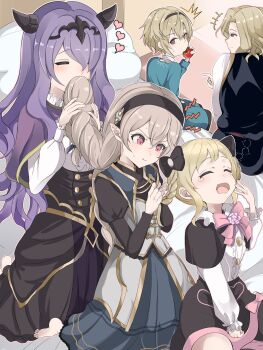 +++ 2boys 3girls :t =_= ^^^ absurdres aged_down apple black_hairband blonde_hair bow braid braided_hair_rings camilla_(fire_emblem) camilla_(young_beauty)_(fire_emblem) closed_eyes commentary_request female_corrin_(fire_emblem) female_corrin_(young_kinship)_(fire_emblem) elise_(fire_emblem) elise_(sparkling_smile)_(fire_emblem) fire_emblem fire_emblem_fates fire_emblem_heroes food fruit grey_hair hair_rings hairband heart highres horns indoors leo_(fire_emblem_fates) leo_(young_sprout)_(fire_emblem_fates) long_hair multiple_boys multiple_girls nenemu0 nintendo official_alternate_costume official_alternate_hairstyle open_mouth outline pink_bow pout purple_hair red_eyes sitting smelling smelling_hair sweat tiara tying_another&#039;s_hair white_outline xander_(fire_emblem) xander_(focused_firstborn)_(fire_emblem) yawning