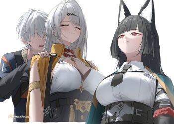 1boy 2girls animal_ear_fluff animal_ears aqua_jacket arm_out_of_sleeve armlet behind_another belt black_hair black_necktie black_unitard blue_jacket blunt_bangs blush breasts cleavage closed_eyes closed_mouth commentary cryne fox_ears fox_girl from_below grey_hair hair_ornament hairpin hands_on_another&#039;s_shoulders high-waist_shorts high-waist_skirt highres hoshimi_miyabi id_card jacket jewelry large_breasts long_hair mole mole_on_chest multiple_girls necktie no_eyes open_mouth red_eyes shirt_tucked_in short_hair shorts simple_background single_hair_intake skirt smile sweat sweatdrop symbol-only_commentary twitter_username upper_body upward_angle_frieren_drawing_(meme) white_background white_hair wise_(zenless_zone_zero) yellow_jacket yin_yang_pin yixuan_(zenless_zone_zero) zenless_zone_zero