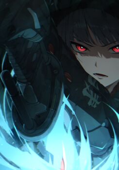 1girl absurdres animal_ear_fluff animal_ears arm_up black_background black_hair commentary fox_ears fox_girl gauntlets highres holding holding_sword holding_weapon hoshimi_miyabi hosun katana open_mouth portrait red_eyes single_gauntlet solo sword tailless_(zenless_zone_zero) weapon zenless_zone_zero