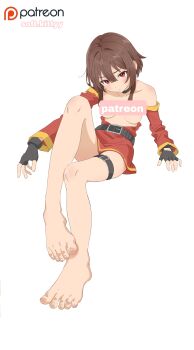 1girl absurdres alternate_breast_size_(larger) artist_name bare_legs bare_shoulders barefoot belt black_belt black_gloves breasts breasts_apart brown_hair censored censored_nipples commentary dress english_commentary feet fingerless_gloves foot_focus full_body gloves highres knee_up kono_subarashii_sekai_ni_shukufuku_wo! legs looking_at_viewer medium_breasts medium_hair megumin paid_reward_available patreon_logo patreon_username red_dress red_eyes short_dress simple_background sitting solo thigh_strap toenails toes white_background wildkittyy