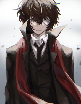 Rule 34 | 1boy, bandage on neck, bandage over one eye, black coat, black necktie, brown eyes, brown hair, bungou stray dogs, coat, collared shirt, dazai osamu (bungou stray dogs), hashtag-only commentary, highres, jacket, looking at viewer, male focus, necktie, red scarf, scarf, shirt, short hair, simple background, solo, suit jacket, ufomelet et, upper body, white background, white shirt
