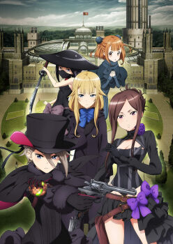 Rule 34 | 5girls, ange (princess principal), artist request, bare shoulders, beatrice (princess principal), black gloves, black hair, blonde hair, blue eyes, blush, breasts, brown eyes, brown hair, cleavage, closed mouth, dorothy (princess principal), double bun, frilled skirt, frills, gloves, grey hair, gun, hair bun, hat, highres, key visual, large breasts, long hair, looking at viewer, mask, miniskirt, mouth mask, multiple girls, ninja, ninja mask, official art, princess (princess principal), princess principal, promotional art, short hair, skirt, sky, small breasts, sword, top hat, toudou chise, weapon