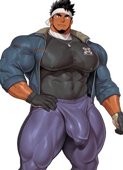 1boy arm_hair bara beard biceps black_gloves black_hair black_shirt blue_jacket broad_shoulders brown_eyes chinstrap_beard commentary_request covered_abs covered_erect_nipples covered_navel covered_pectorals covered_penis covered_testicles facial_hair fur-trimmed_jacket fur_trim gloves headband highres huge_pectorals jacket jewelry kuromine_hiraya layered_clothes male_focus multicolored_gloves muscular muscular_male mustache_stubble nose original pants pectorals pendant purple_pants shirt simple_background solo spiked_hair stubble sweat_stain sweatpants thick_arms thick_eyebrows thick_thighs thighs tight_clothes tight_jacket tight_pants tight_shirt turtleneck two-tone_gloves veins veiny_arms white_background white_headband wide-eyed