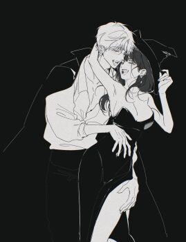 1boy 1girl 8garak bare_shoulders black_dress black_hair black_hat blonde_hair blush breasts cape closed_eyes couple dress earrings fangs gold_earrings halloween halloween_costume hat highres hug hug_from_behind husband_and_wife jewelry large_breasts large_hat long_hair long_sleeves looking_at_another monochrome open_mouth shirt short_hair sidelocks smile spy_x_family twilight_(spy_x_family) vampire vampire_costume witch witch_hat yor_briar