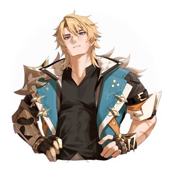 Rule 34 | 1boy, arm belt, armor, artist name, asymmetrical gloves, black coat, black gloves, black shirt, blonde hair, blue eyes, coat, cropped torso, facial scar, fingerless gloves, fur-trimmed coat, fur trim, genshin impact, gloves, hair between eyes, hands on own hips, hashtag-only commentary, highres, lapels, looking at viewer, male focus, medium hair, multiple scars, open clothes, open coat, parted bangs, parted lips, pauldrons, scar, scar on arm, scar on cheek, scar on face, scar on neck, shirt, shokun 2, short sleeves, shoulder armor, signature, simple background, single pauldron, single vambrace, solo, upper body, vambraces, varka (genshin impact), white background