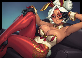 1girl animal_ears armpits black_gloves black_shoes breasts closed_mouth commentary curtained_hair dark-skinned_female dark_skin detached_collar english_commentary fake_animal_ears freckles glasses gloves hand_on_own_knee high_heels highres knee_up large_breasts leotard looking_at_viewer mole mole_on_breast nintendo pantyhose playboy_bunny purah rabbit_ears rabbit_tail red-framed_eyewear red_eyes red_pantyhose riz round_eyewear shoes sitting solo strapless strapless_leotard tail the_legend_of_zelda the_legend_of_zelda:_tears_of_the_kingdom thick_eyebrows white_leotard