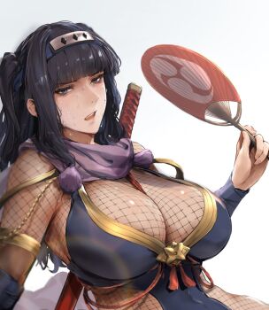 1girl acker_feh black_hair blush bodystocking breasts cleavage fire_emblem fire_emblem_awakening fire_emblem_heroes fishnet_bodystocking fishnets grey_eyes hand_fan headband highres holding holding_fan hot japanese_clothes large_breasts long_hair ninja nintendo official_alternate_costume open_mouth paper_fan purple_scarf reclining scarf sheath sheathed sidelocks simple_background solo sweat sword sword_on_back tharja_(fire_emblem) tharja_(ninja)_(fire_emblem) two_side_up uchiwa upper_body weapon weapon_on_back white_background
