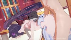 1boy 1girl 3d animated apron arm_support ass audible_music bent_over blunt_bangs breasts flat_chest hand_on_own_ass hetero highres hololive hololive_english koikatsu_(medium) looping_animation moaning naked_apron ninomae_ina'nis nipples orgasm penis petite ponytail purple_hair sex sex_from_behind small_breasts sound standing standing_sex vaginal video virtual_youtuber wataamage