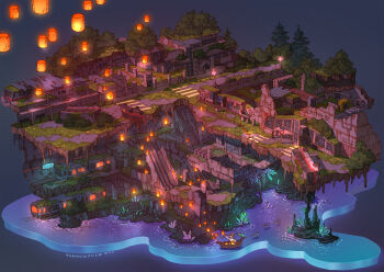 Rule 34 | 1boy, abandoned, absurdres, bus, commentary request, crosswalk, crystal, dilapidated, escalator, fish skeleton, highres, lamppost, lantern, motor vehicle, night, original, overgrown, paper lantern, post-apocalypse, railroad tracks, road, ruins, solo, tokyogenso, train, tree, water, wreckage