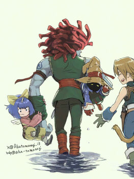 Rule 34 | 1girl, 3boys, adjusting clothes, adjusting headwear, akatamanegi ill, amarant coral, arm belt, arm tattoo, bare shoulders, black mage (final fantasy), blonde hair, blue coat, blue hair, blue pants, blue skin, blue vest, blue wrist cuffs, bluesky username, boots, bow, brown boots, carrying, carrying under arm, cat tail, coat, colored skin, commentary request, cropped vest, dreadlocks, eiko carol, final fantasy, final fantasy ix, frown, full body, furrowed brow, gloves, green pants, green sleeves, green vest, grey boots, grey gloves, hair bow, hat, highres, horns, long hair, mini wings, multiple boys, open mouth, overalls, pants, pink sweater, red boots, red gloves, red hair, shirt, short hair, single horn, smile, sweater, tail, tattoo, twitter username, vest, vivi ornitier, white shirt, wings, wizard hat, wrist cuffs, yellow bow, yellow eyes, yellow overalls, zidane tribal