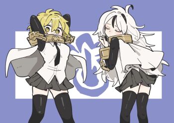 1boy 1girl arms_up black_necktie black_shirt black_skirt black_streaks black_thighhighs blonde_hair don_quixote_(project_moon) hair_down highres index_(identity)_(project_moon) kojocho05 library_of_ruina limbus_company messy_hair multicolored_hair necktie pleated_skirt project_moon shirt skirt streaked_hair thighhighs vest white_hair white_vest yan_vismok yellow_eyes