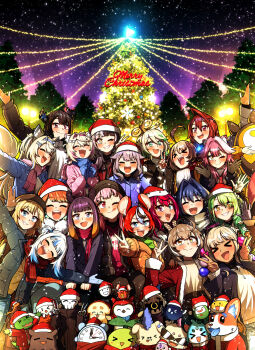 6+girls absurdres ahoge alternate_costume animal_ear_fluff animal_ears antlers blonde_hair blue_eyes blue_hair brown_hair cecilia_immergreen ceres_fauna chattino_(raora_panthera) christmas christmas_tree closed_eyes commentary ddolbang deadbeat_(mori_calliope) demon_horns dog_ears dog_girl elizabeth_rose_bloodflame english_commentary everyone fangs fire_on_chest flower friend_(nanashi_mumei) fuwawa_abyssgard gawr_gura gigi_murin green_eyes green_hair grem_(gigi_murin) grey_hair hair_flower hair_ornament hakos_baelz heterochromia highres hololive hololive_english horns irys_(hololive) jailbird_(nerissa_ravencroft) kfp_employee_(takanashi_kiara) koseki_bijou kronie_(ouro_kronii) long_hair looking_at_viewer merry_christmas mococo_abyssgard mori_calliope multicolored_hair multiple_girls nanashi_mumei nerissa_ravencroft ninomae_ina'nis one_eye_closed open_mouth orange_hair otomo_(cecilia_immergreen) ouro_kronii pebble_(koseki_bijou) raora_panthera red_eyes red_hair santa_costume sapling_(ceres_fauna) scarf sharp_teeth shiori_novella short_hair siblings smile streaked_hair takanashi_kiara takodachi_(ninomae_ina'nis) teeth tree_horns tsukumo_sana twins two-tone_hair v virtual_youtuber watson_amelia winding_key