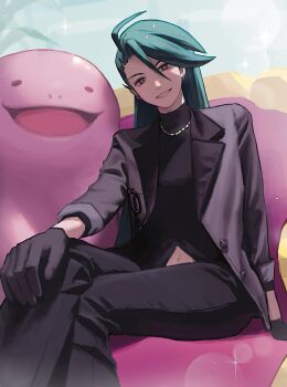 1girl alternate_color black_gloves black_pants black_shirt clothing_cutout commentary_request earrings gen_2_pokemon gloves green_hair grey_jacket highres jacket jewelry long_hair looking_at_viewer midriff navel necklace nintendo nq7sny official_alternate_costume official_alternate_hairstyle open_mouth pants parted_lips pokemon pokemon_(creature) pokemon_masters_ex quagsire red_eyes rika_(palentine's_2026)_(pokemon) rika_(pokemon) shiny_pokemon shirt sitting smile unworn_eyewear very_long_hair