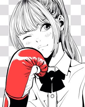 Rule 34 | 1girl, bow, bowtie, boxing gloves, checkered background, collared shirt, commentary request, eyebrows hidden by hair, eyelashes, gloves, greyscale, head rest, head tilt, high ponytail, highres, lee (dragon garou), monochrome, one eye closed, original, ponytail, portrait, red gloves, shirt, single hair intake, smile, solo, spot color