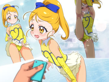 1boy 1girl aged_down bare_legs blonde_hair blue_ribbon covered_erect_nipples hugtto!_precure kagayaki_homare leotard loli multiple_views mushiro_(nijie728995) nijie ponytail precure pussy_juice pussy_juice_stain ribbon sex_toy skirt standing standing_on_one_leg switch vibrator vibrator_under_clothes white_skirt yellow_eyes yellow_leotard